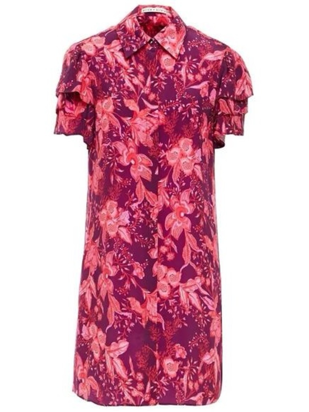 Alice + Olivia Floral Jem Cupro Ruffle Sleeve Shirt Dress Purple Pink XS